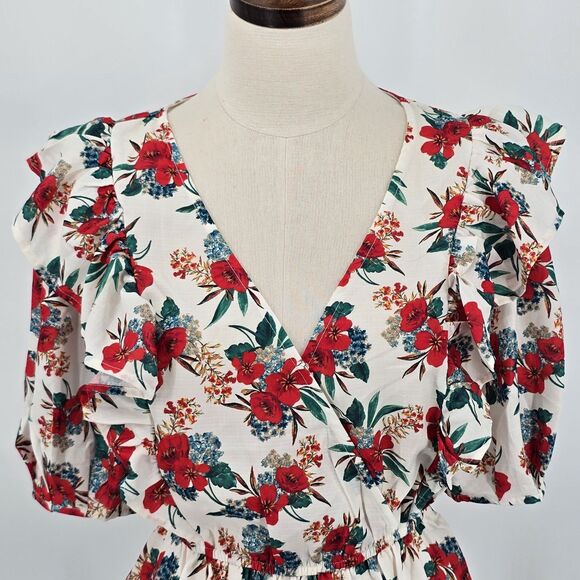 A. Calin Tops - New A. Calin Faux Wrap Blouse Women S Off White Red Green Florals Ruffle Peplum